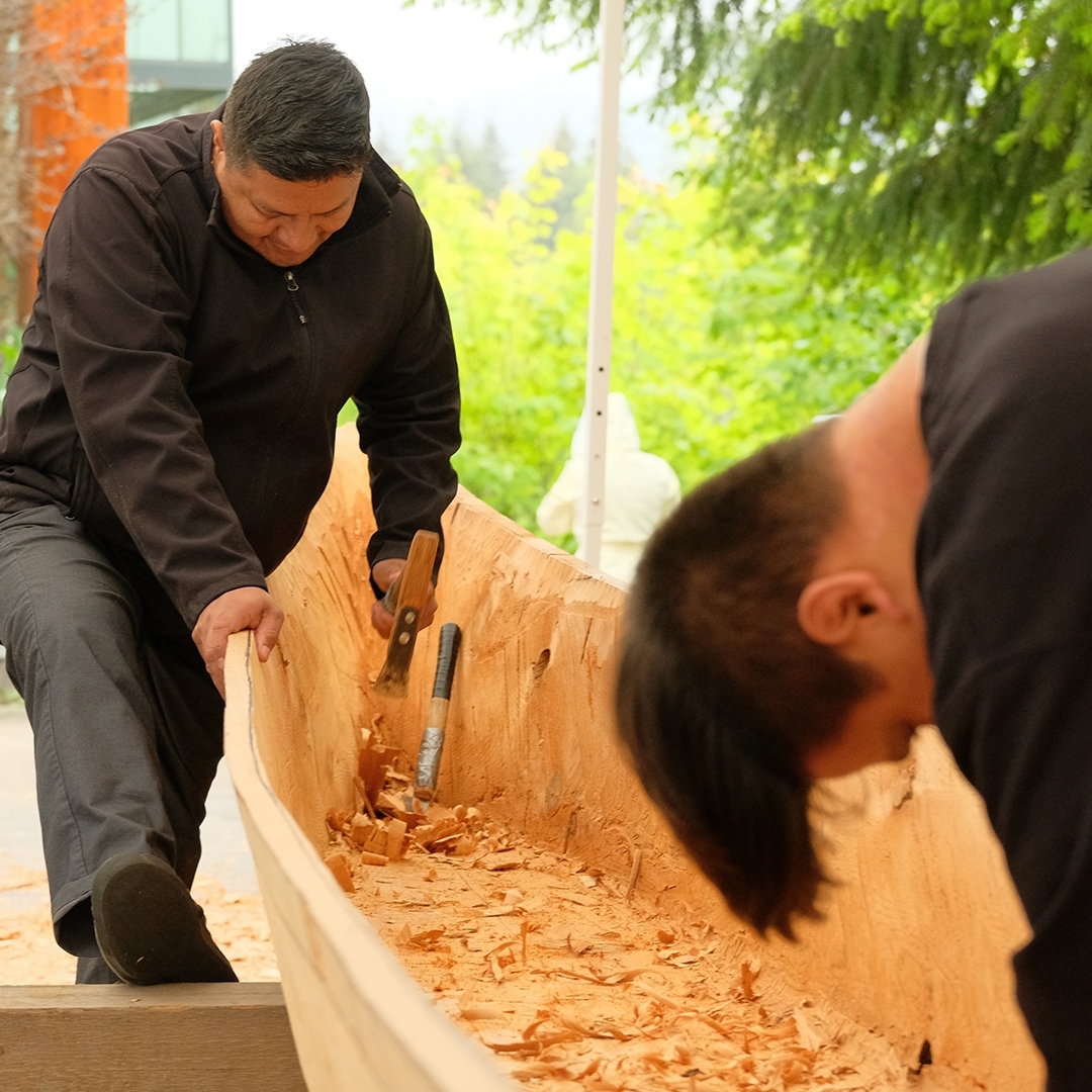 Master Carver Ray Natraoro and Apprentice Brandon Hall both of Squamish Nation